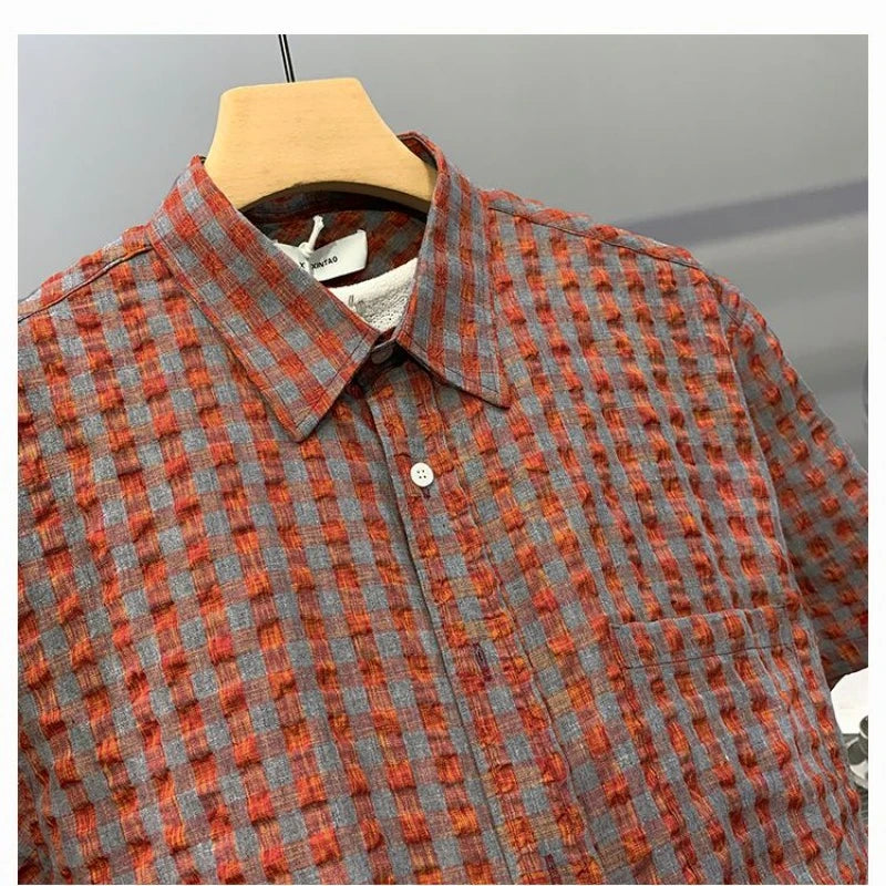 Red Plaid Short Sleeves Shirt Men 2024 Korea Handsome Hip-hop Fashion Streetwear Loose with Pocket Casual Shirt Men Clothing