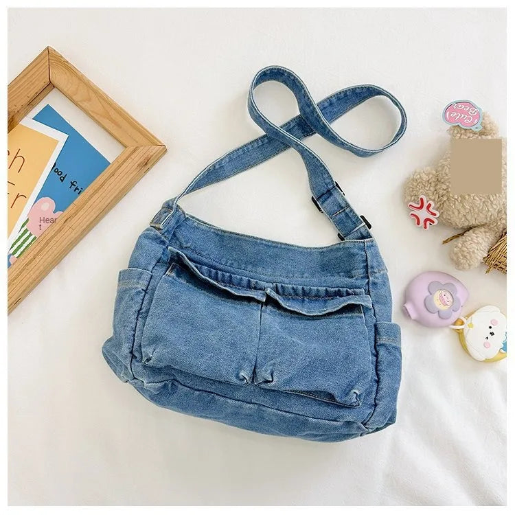 Denim Vintage Messenger Bag for Women Tote Handbag Fashion Jeans Crossbody Shoulder Bag Large Capacity Causal Ladies Satchel Bag