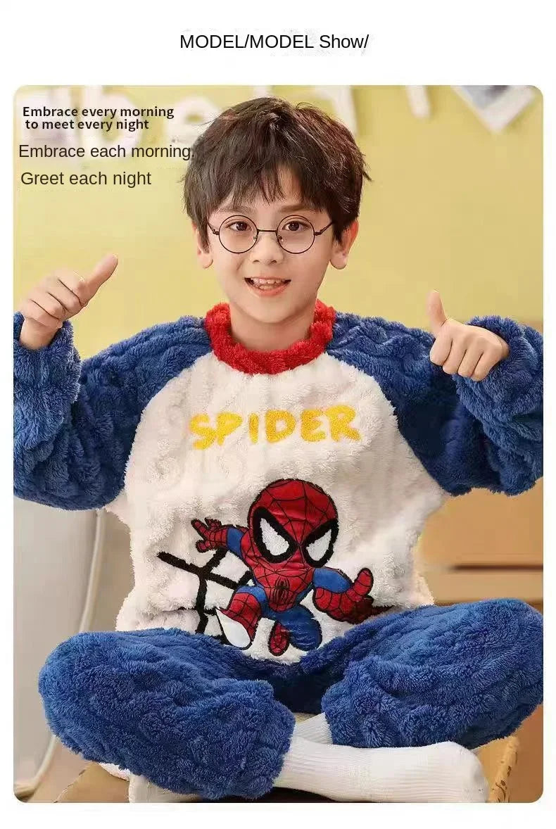 Winter Disney Children Clothing Boys Sleepwear Set Flannel Thick Long Sleeve Warm Set Pajamas Two Pieces Kids Clothes Spiderman