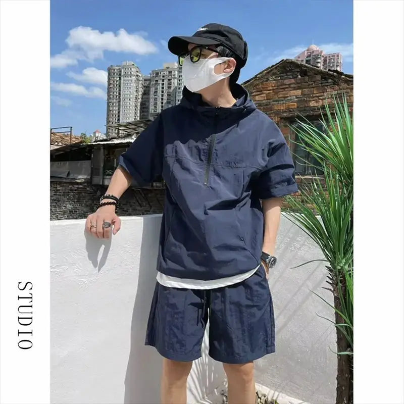 Summer Cargo Style Set Men's Casual Hooded Solid Short Sleeve T-shirt Shorts Loose Fashion High Quality Handsome Sweatshirt Suit