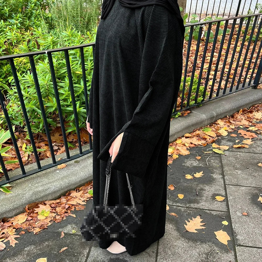 Warm Winter Abayas Muslim Women Corduroy Abaya 2023 New Modest Dress Thicked Solid Color Long Robe Female Islam Clothing