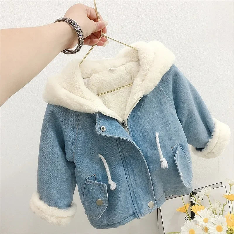 Jacket for Girls Boy Children's Denim Jackets Warm Fur Cowboy Coat Baby Rabbit Ear Hooded Velvet Outerwear Kids Winter Clothes