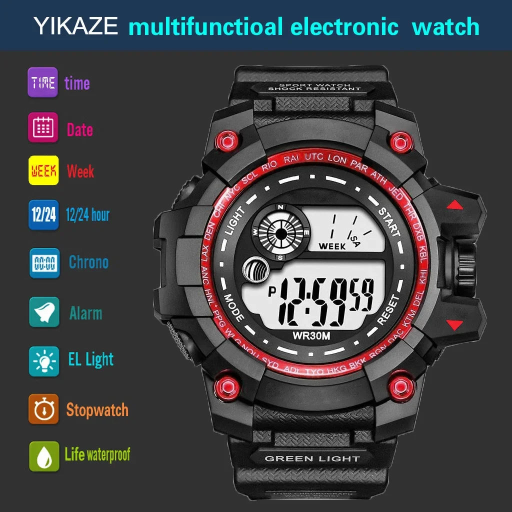 YIKAZE Men's Sport Watch Stopwatch Count Down Multifuction Men Digital Watches Waterproof Outdoor Military Clock Gift Watch