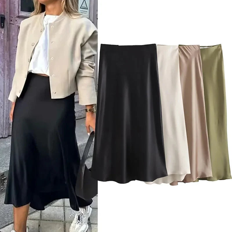 2024 Black Satin Skirt Woman High Waist Elegant Long Skirts For Women Fashion Summer Midi Skirt Office Women's Skirts