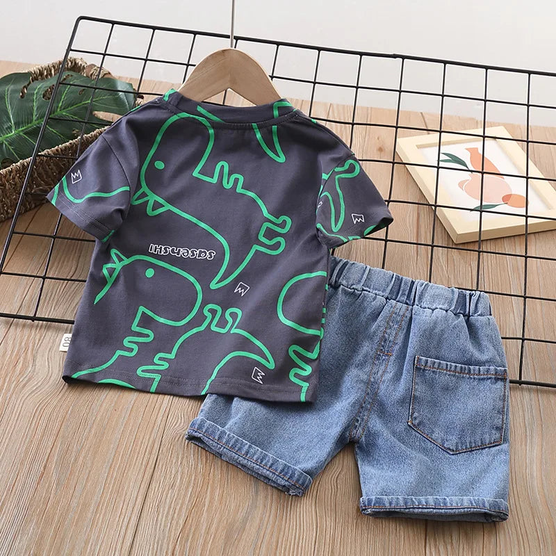 Summer Baby Boys Clothing Suits Childrens Set Dinosaur Print Tshirt+Denim Shorts 2 Pcs/sets Fashion  Children'clothes