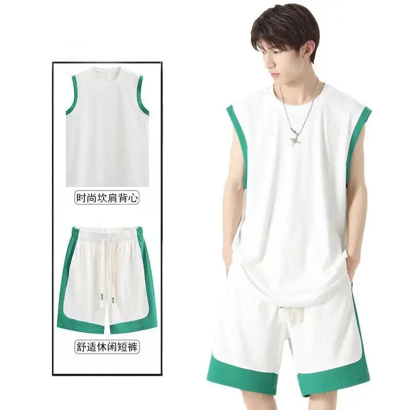 2 pcs Suit Summer Sleeveless Vest Sports Shorts Set Patchwork Casual Basketball Sportwears Breathable Loose Training Shorts Set