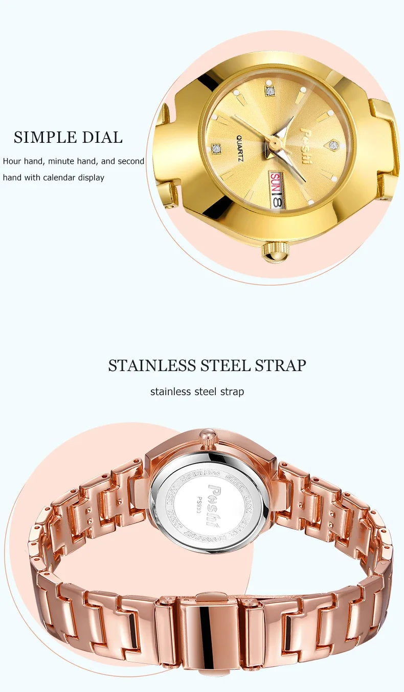 POSHI Fashion Quartz Girls Watch Stainless Steel Simple Women Watch Date Week Waterproof Thin Lady Business Clock  Wristwatch