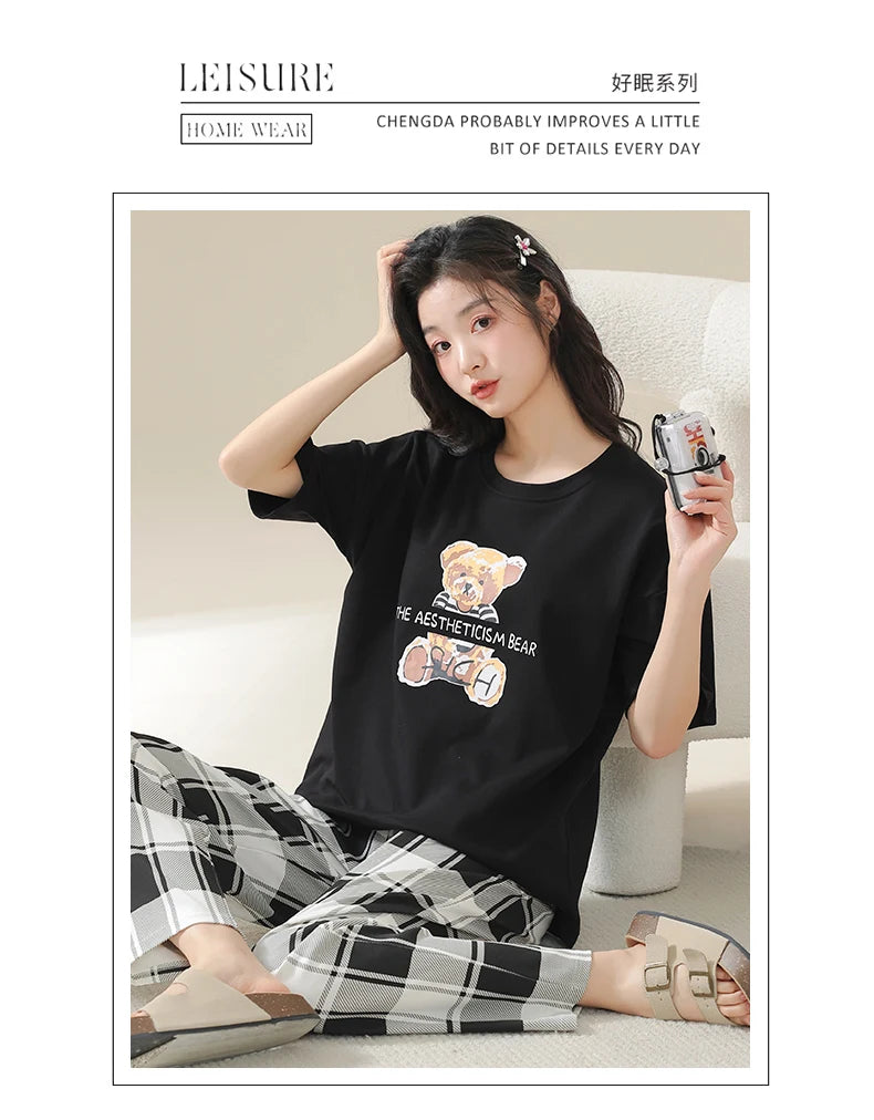 Big Size 5XL Pajama Sets Short Sleeved Cartoon Bear Knitted PJ Plaid Sleepwear Elegant Women's Pajamas Lounge Home Pijama Mujer