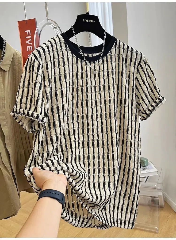 Men's Summer Hollow Stripes Short Sleeved Men's O-Neck Hip-hop Street High Street Couple T-shirt Streetwear Outdoor for Clothing