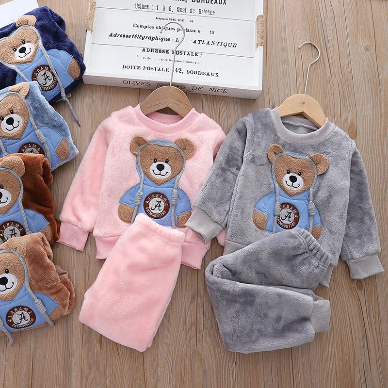 Autumn Winter Children Clothing Baby Pajamas Set Thick Flannel Fleece Child Sleepwear 2Pcs Sets Warm Home Suits Kids Clothes