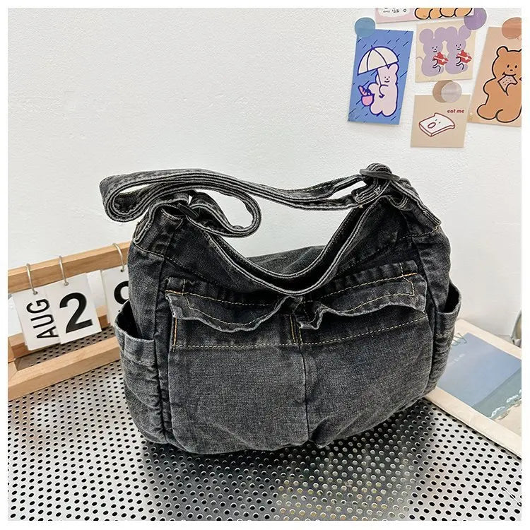 Denim Vintage Messenger Bag for Women Tote Handbag Fashion Jeans Crossbody Shoulder Bag Large Capacity Causal Ladies Satchel Bag