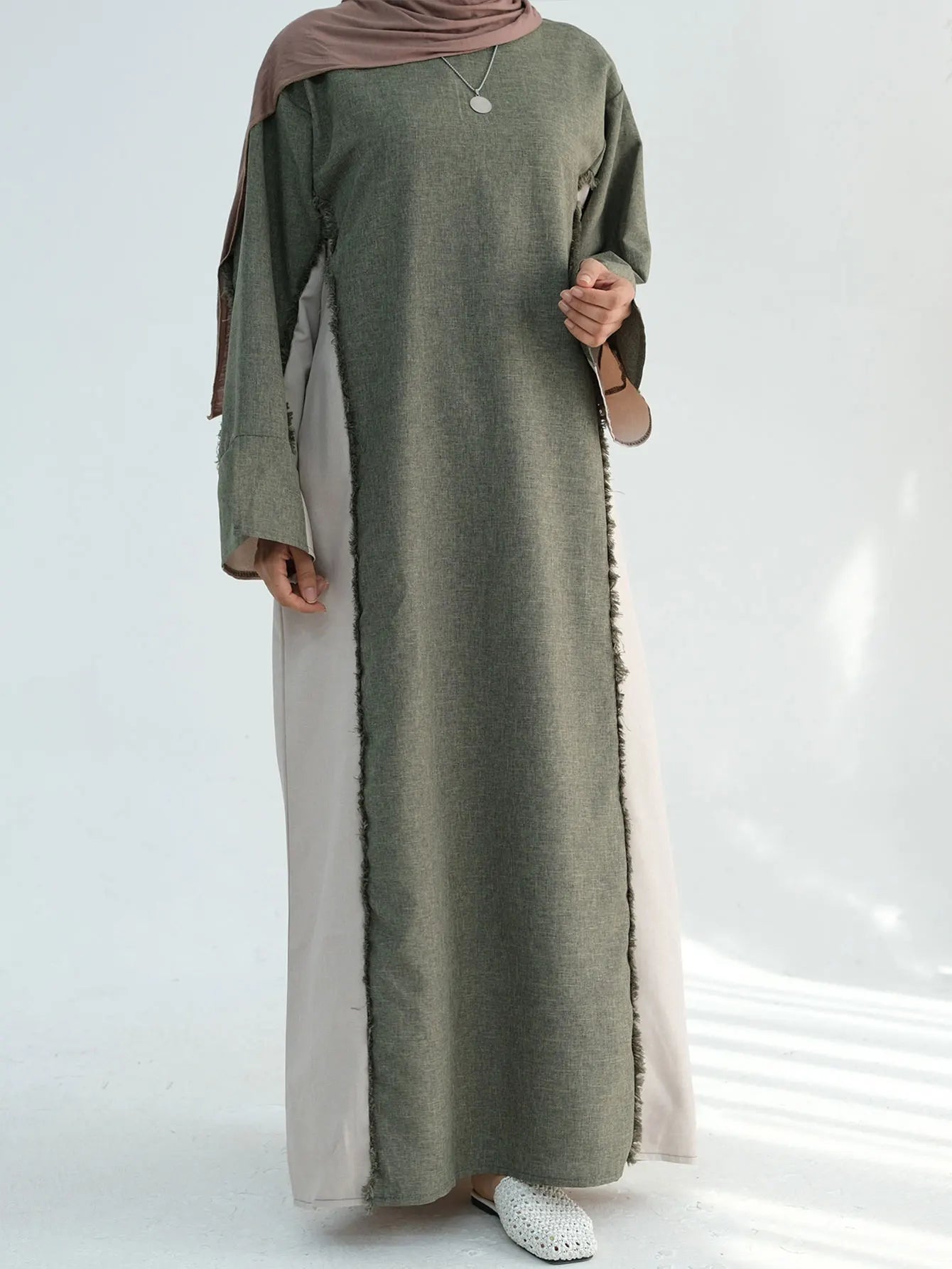 New Trend Contrast Color Women Dresses Modest Abaya Muslim Women Dress Linen Frayed Closed Abaya Ramadan EID Dubai Abaya 2025