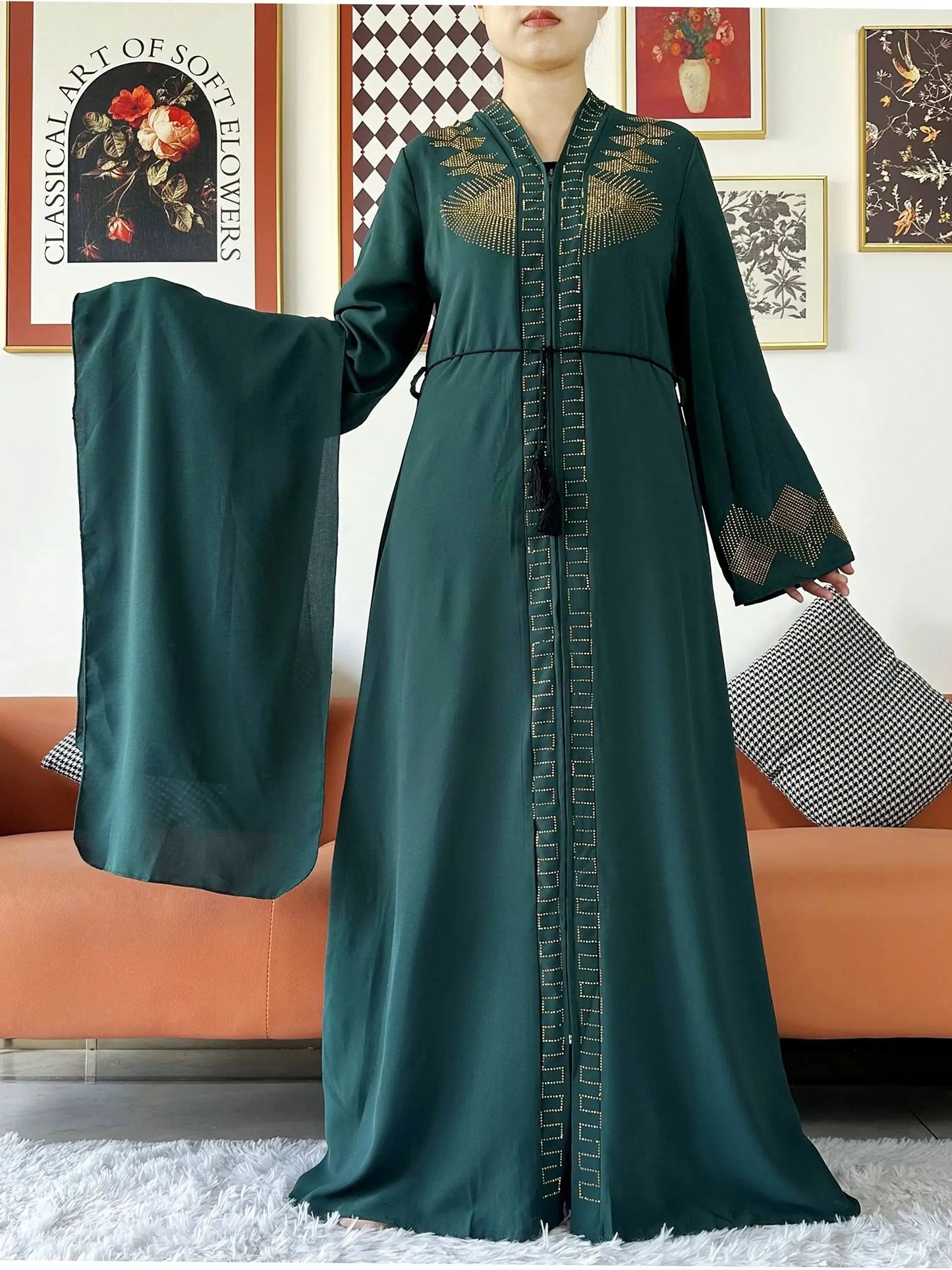 New Women Elegant Dress Chiffon Open Abaya with Zipper Muslim Women Dress Islamic Clothing Cardigan Abaya Women Muslim Dress