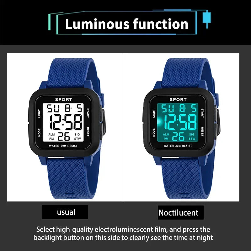 YIKAZE Black Sports Watch Men's Digital Watch Alarm Chrono Clock 3Bar Waterproof Military Men Watches LED Electronic Wristwatch