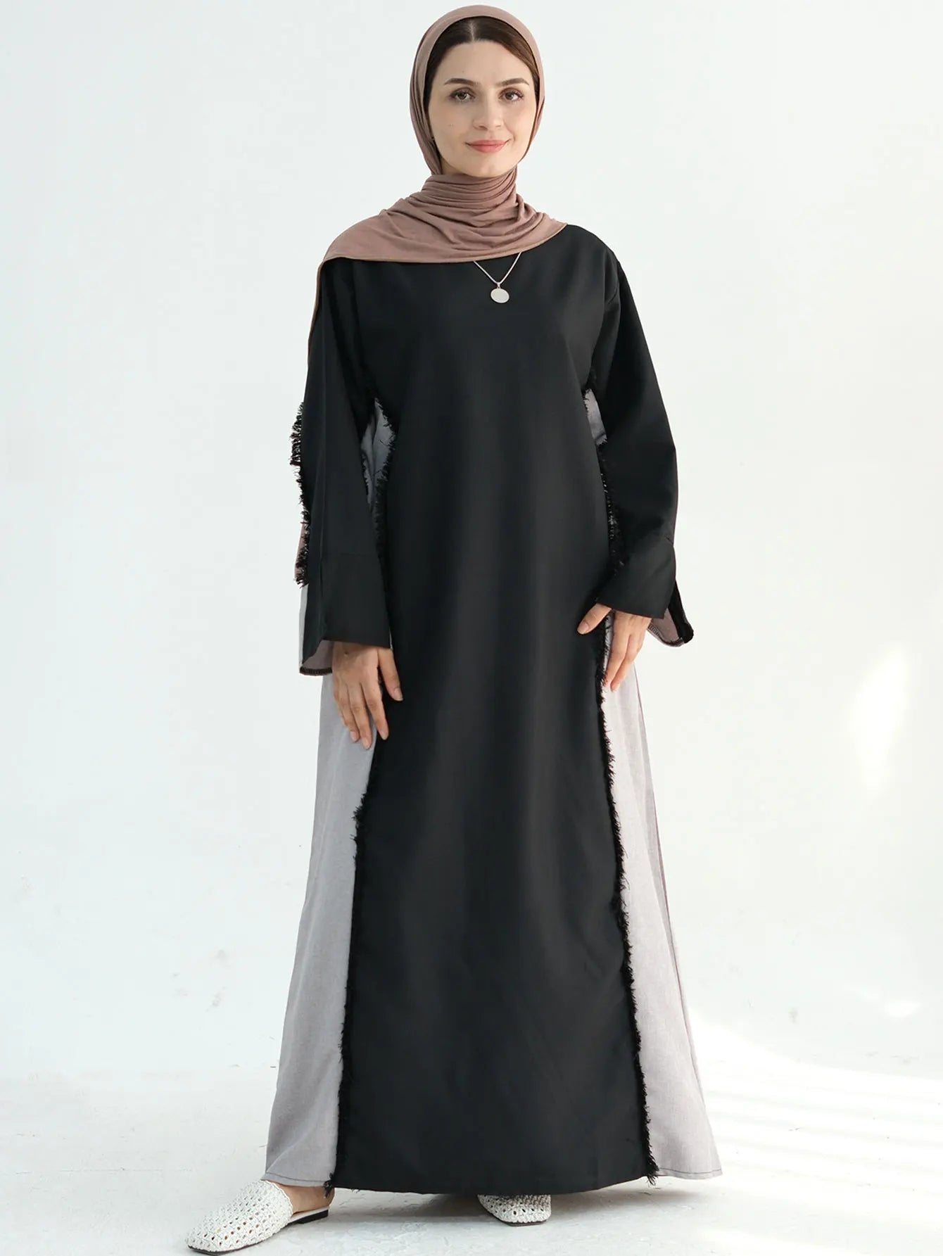 New Trend Contrast Color Women Dresses Modest Abaya Muslim Women Dress Linen Frayed Closed Abaya Ramadan EID Dubai Abaya 2025