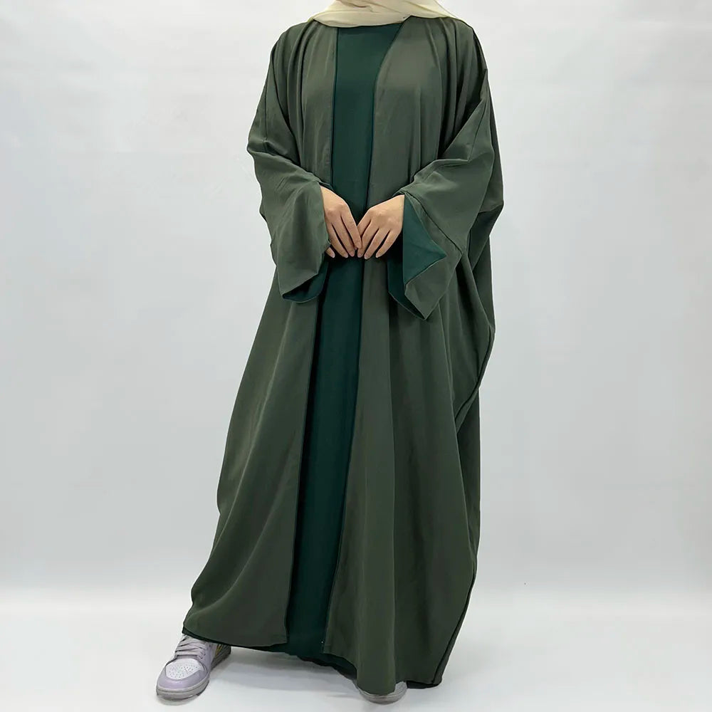 Abaya Two Piece Set EID Ramadan New Dubai Women Muslim Islamic Clothing Cuff Slits Open Kimono With Sleeveless Under Dress Solid