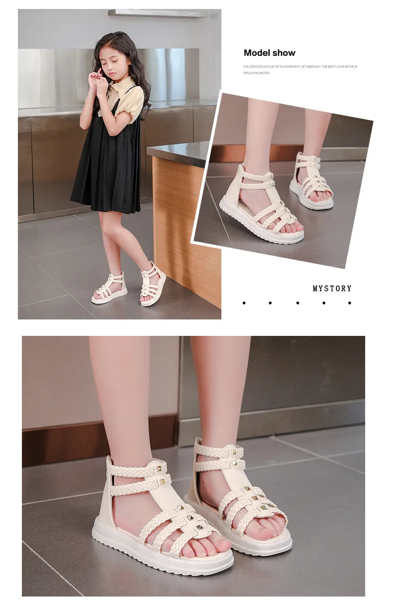 Girls Roman Sandals Open Toe Braided Solid Color High-top Simple Rivets New Summer Hollow Flat Casual Shoes Kids Fashion Casual