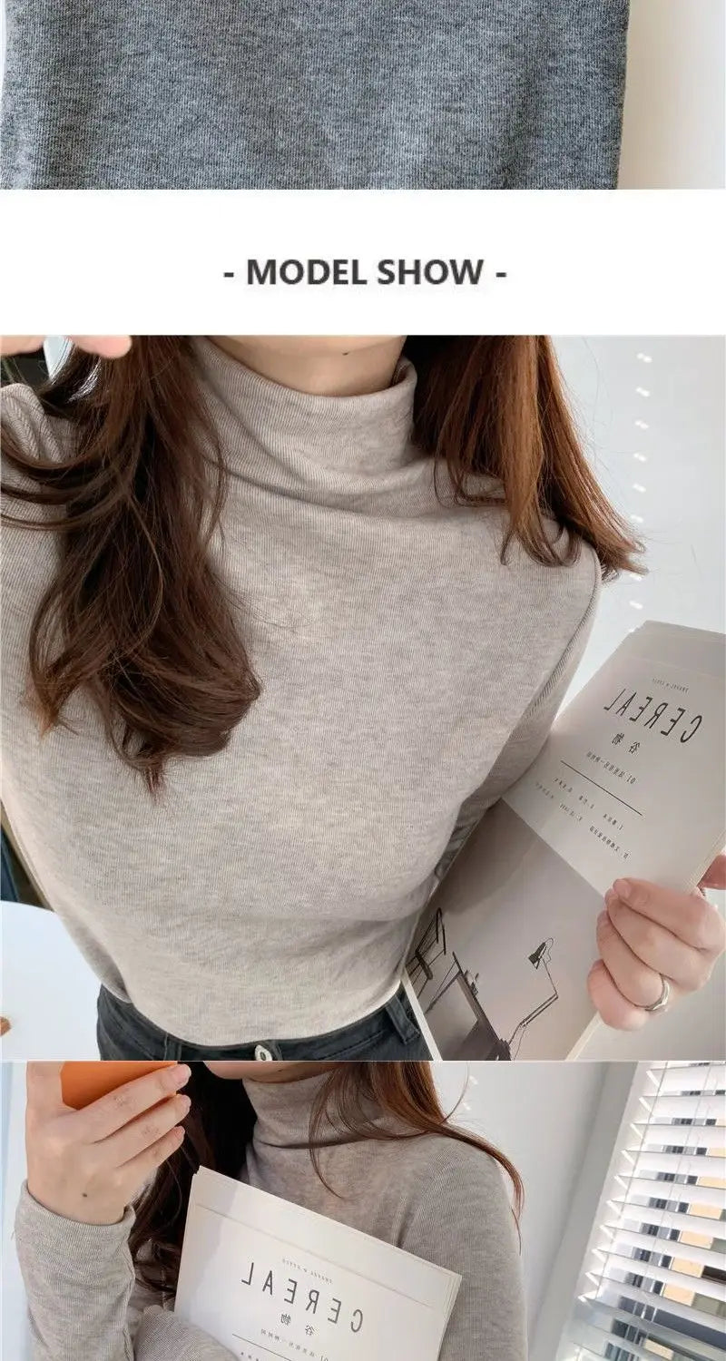 Winter Semi High Collar Long Sleeved T-shirt Women Solid Color Casual Slim Basic Inner Fashion Elegant Warm Gray T Shirt Top