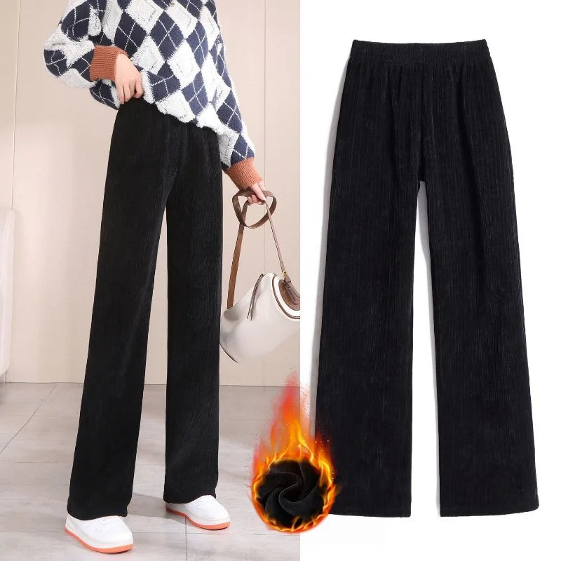 Winter Women Corduroy Trousers Fleece High Waist Loose Straight Pants Elastic Waist Warm Casual Thickened Wide Leg Sweatpants