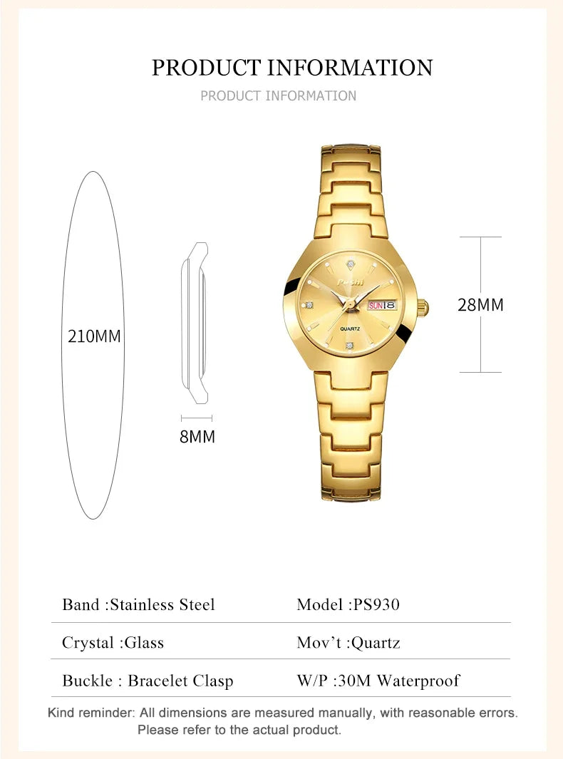 POSHI Fashion Quartz Girls Watch Stainless Steel Simple Women Watch Date Week Waterproof Thin Lady Business Clock  Wristwatch