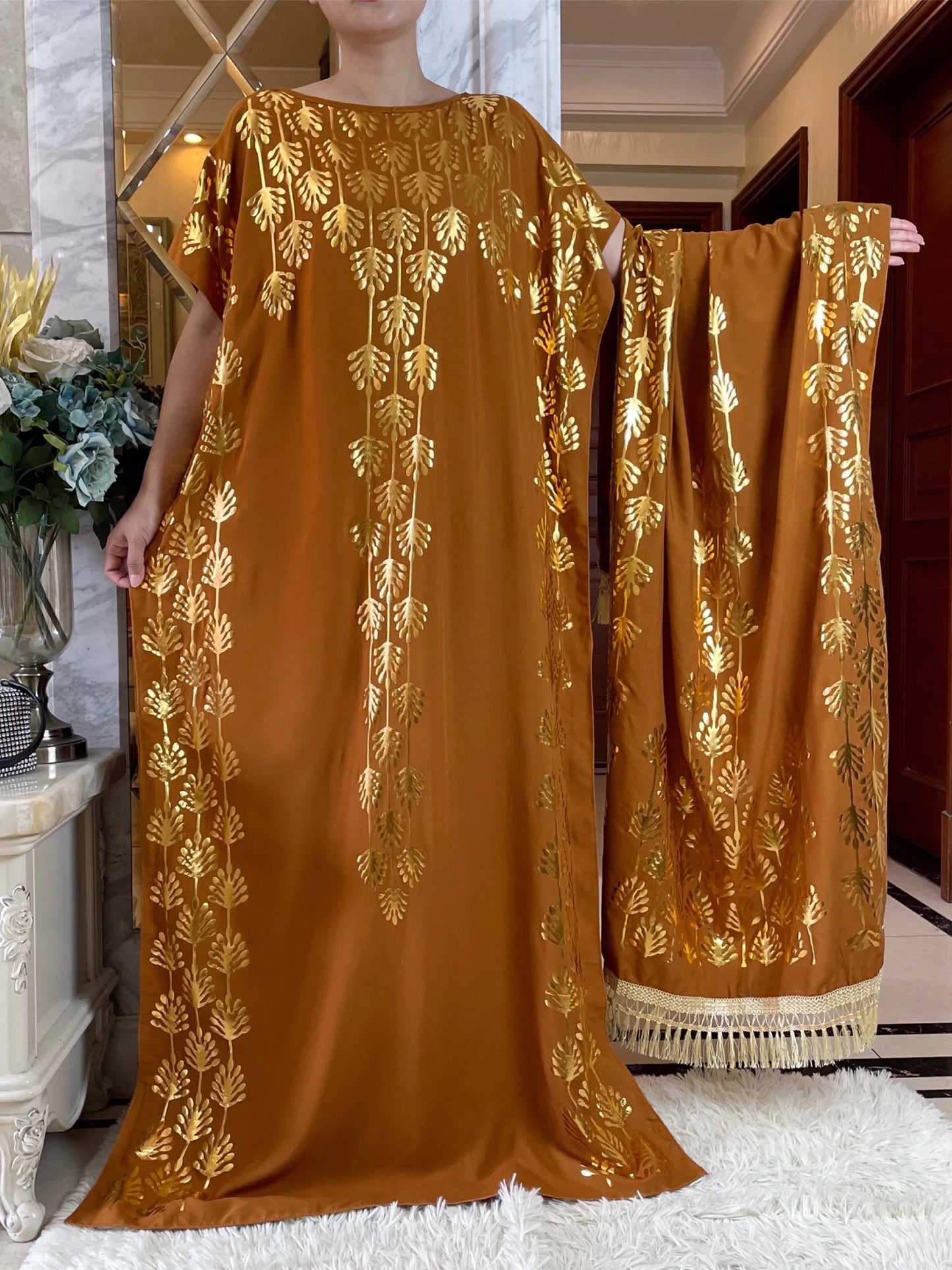 Dubai New Abaya For Women  Summer Short Sleeve Cotton Dress Gold Stamping Loose Lady Maxi Islam African Dress With Big Scarf