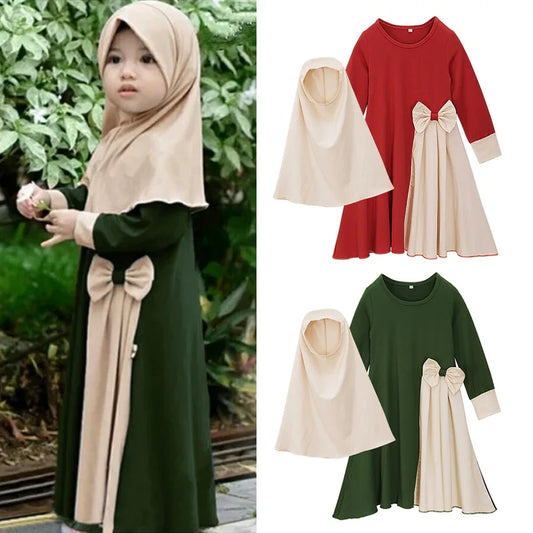 2Pcs Muslim Ramadan Sets Children Girls Prayer Dress Hijab Abaya Arab Kids Long Robe with Headscarf Islamic Robe Kaftan Gown