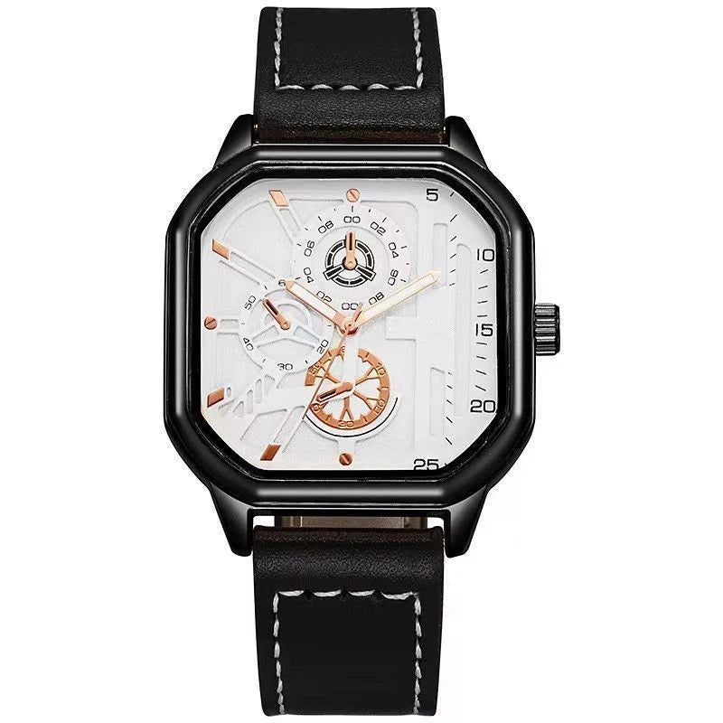 YIKAZE Alloy Men Quartz Watches Leather Strap Big Dial Student Square Sports Watch Cool Black Men's Watch Waterproof  Wristwatch