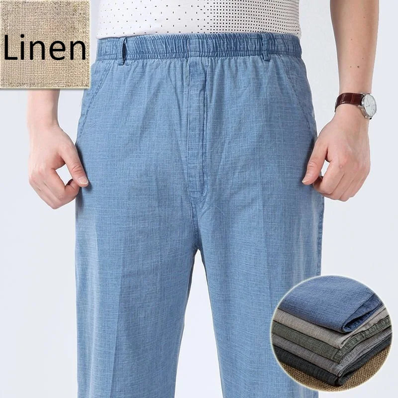 Mens Cotton Linen Long Pants Summer Elastic Waist Trousers Solid Breathable High Waist Loose Leisure Resort Thin Straight Pants