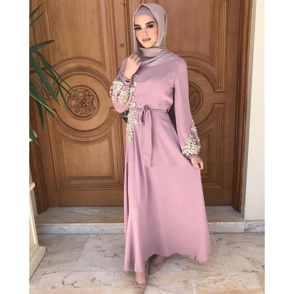 Arabian Lace Beaded Muslim Dress Abaya Dubai Women Hijab Dress Turkey Fashion Robe Turkish Dresses Hijab Prayer Islamic Clothing