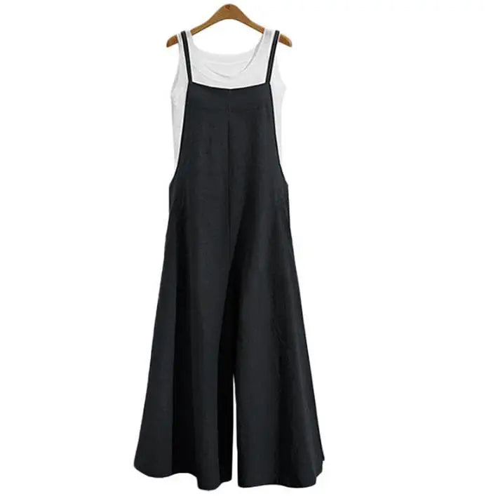 Women Straps Jumpsuit Summer Solid Color Wide Leg Pants Dungaree Bib Overalls Casual Loose Sleeveless Cotton Linen Jumpsuits 5Xl