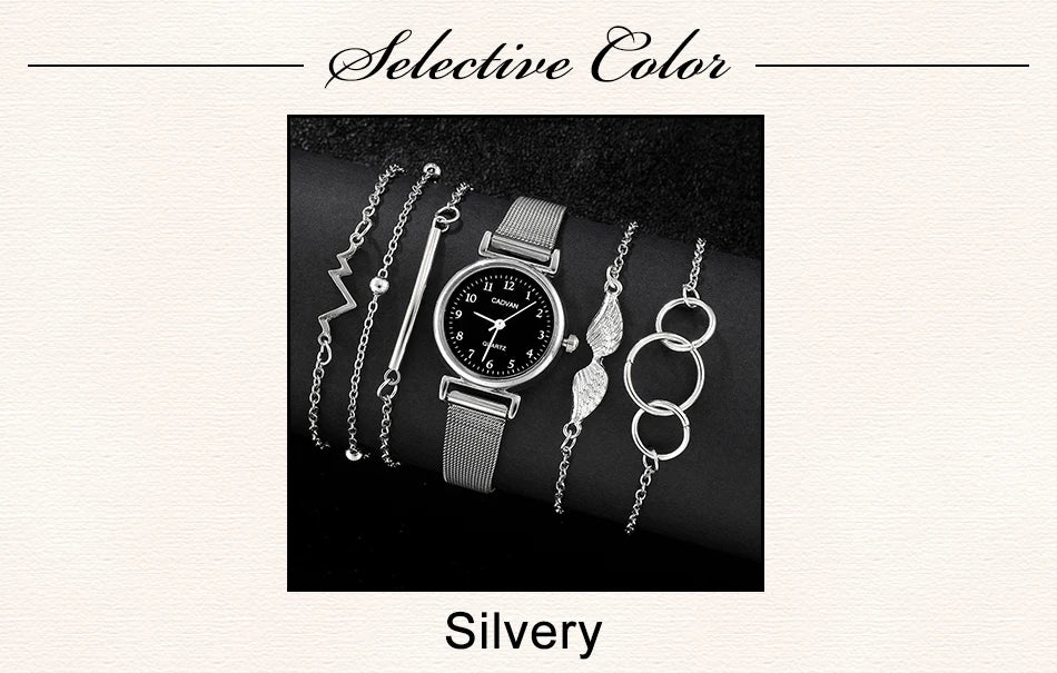 6PCS Set Women Watches Fashion Ladies Quartz Watch Bracelet Set Silvery Mesh Luxury Women Watches Dress Clock Montre Femme