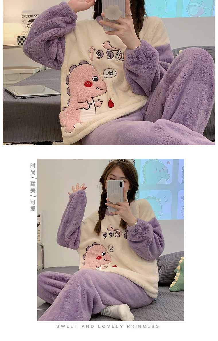 Autumn Winter Women's Pajamas Cute Cartoon Printed Sleepwear Casual Home Wear Set Girl Knitted Size M-3XL Pijamas Fashion Pyjama