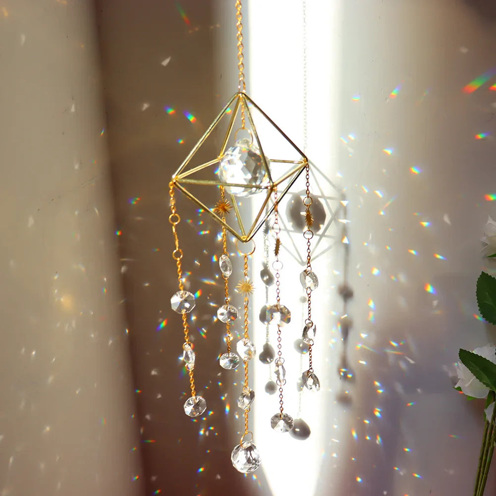 Wind Chime Crystal Light Catcher Hanging Ornament diamond Moon Prism Metal Frame Lighting Ball Bead Jewelry Curtains Home Decor