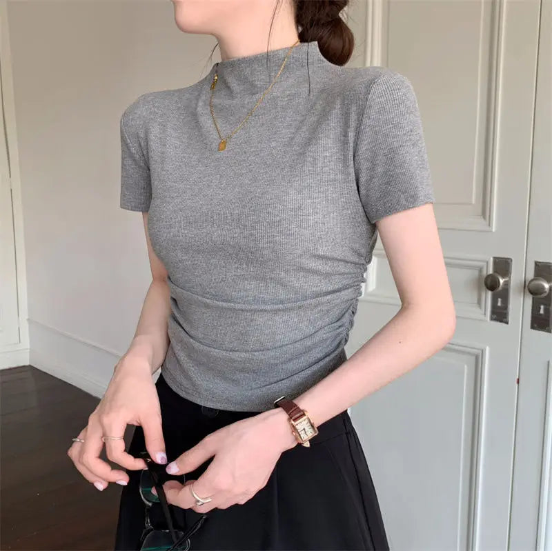 Fashion Women's Short T-shirt middle collar Slim fit Short Sleeve Casual Tee Tight Folds Wild High Waist Workout Yoga Tops