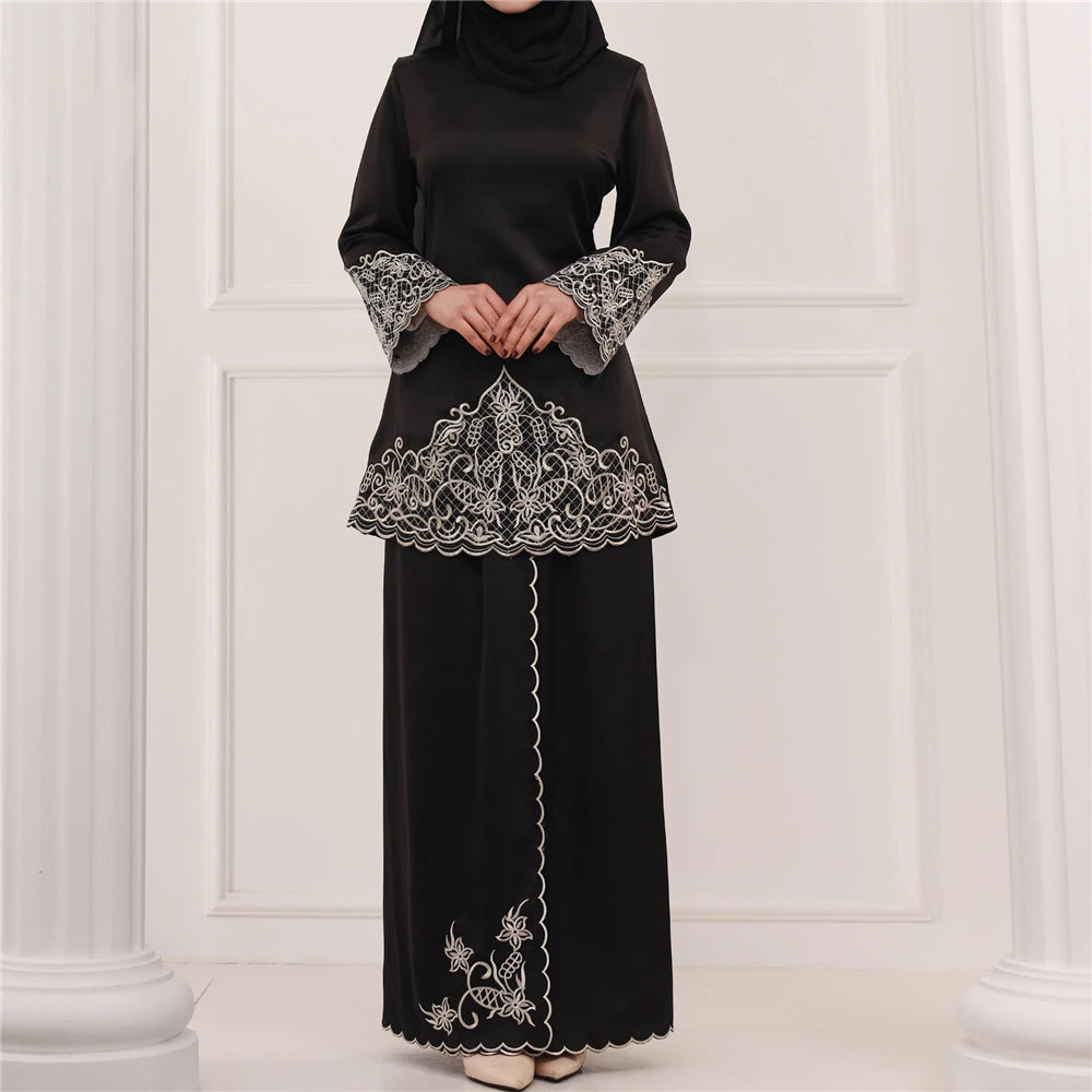 Muslim Sets Long Sleeve Tops Skirts Malaysia Baju Kurung Turkish Suit Embroidery Casual Solid Women Matching Set Ladies Outfits