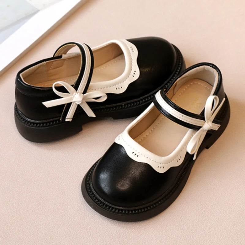 Autumn New Girl Leather Shoes Bowtie Black Beige School Causal Children Flat Elegant Round Toe Fashion Patchwork Kids Mary Janes