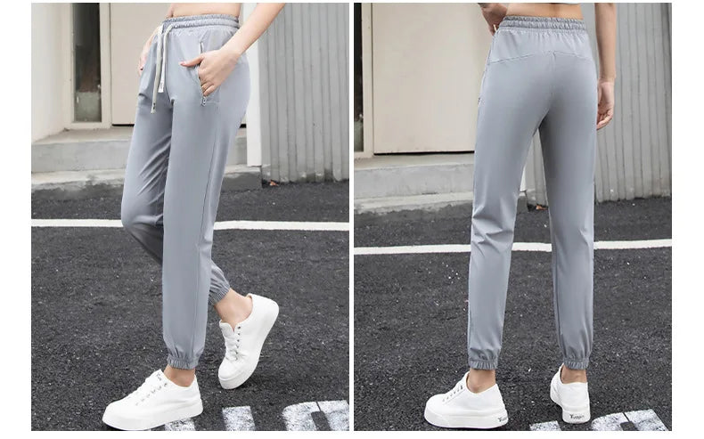 Women Pants Ice Silk High Waist Casual Ankle-Length Trousers Elastic Waist Soft Lightweight Quick-drying Sunscreen Trousers