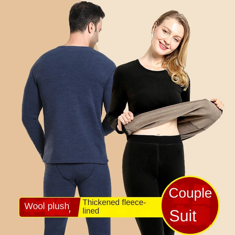 Couple Winter Solid Color Thermal Underwear Sets Soft Thicken Fleece-lined Warm Cold-proof Long Johns Top & Bottom 2 Piece Set