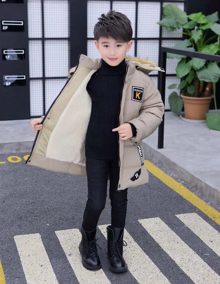 Boys Long Jacket Coat Overcoat Cotton 2024 Blue Black Khaki Warm Thicken Winter Plus Size Children's Clothing