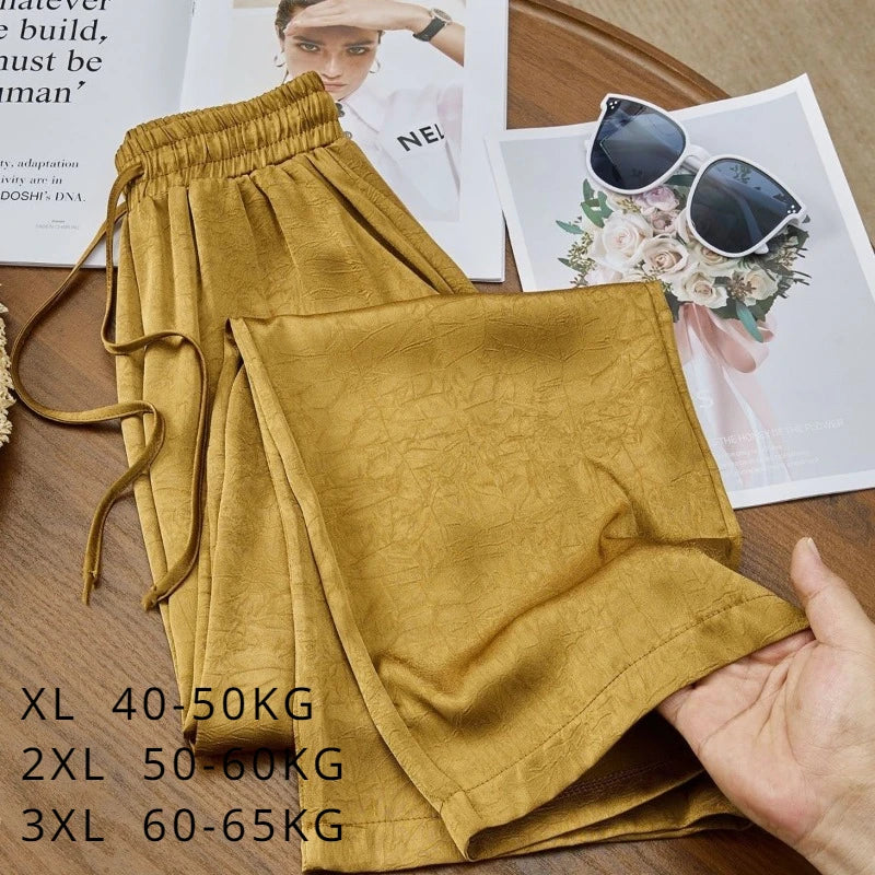 Spring Summer Woman Vintage Jacquard Trousers High Quality Elastic Waist Drawstring Wide Leg Solid Satin Loose Straight Pants