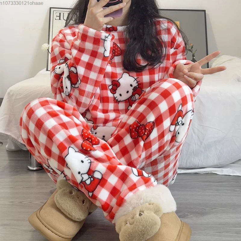 Sanrio Hello Kitty Home Clothes Red Plaid Plush Top Pullover Pants Women 2 Piece Set Cartoon Soft Flannel Cute Pajamas Suit Y2k