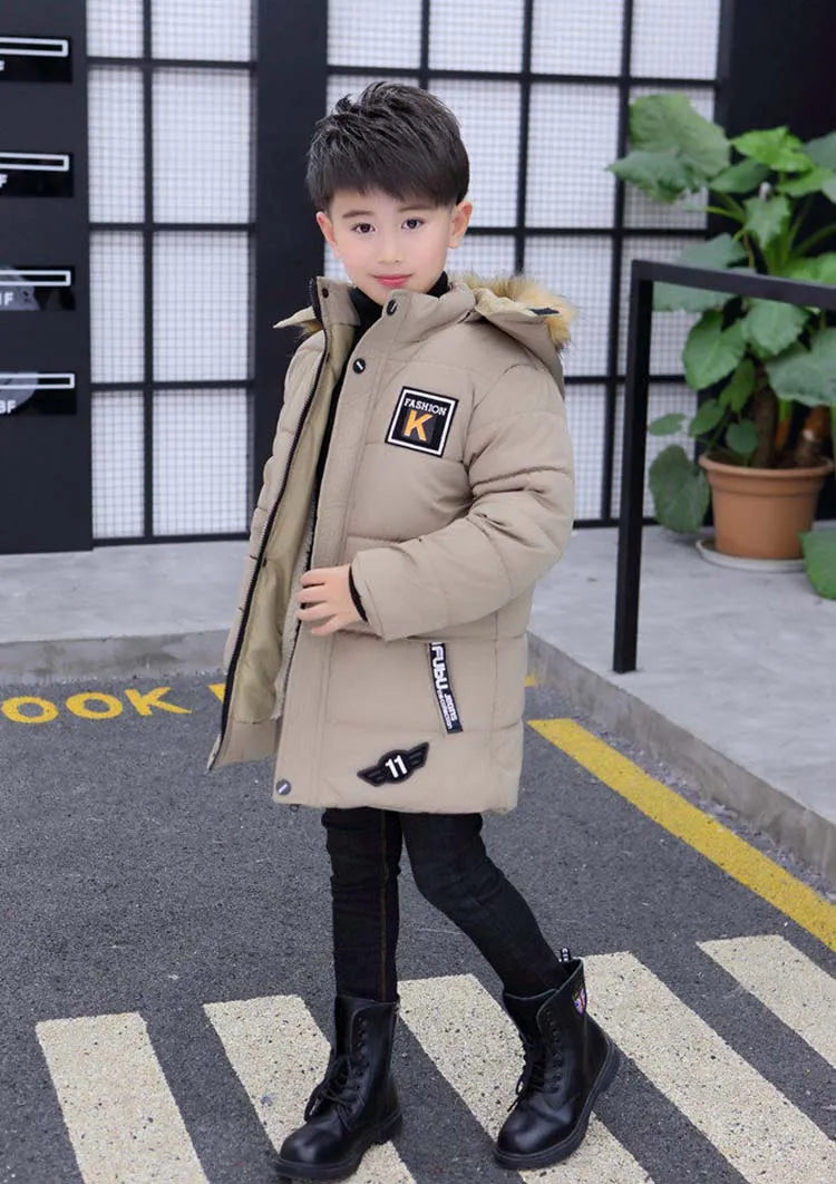 Boys Long Jacket Coat Overcoat Cotton 2024 Blue Black Khaki Warm Thicken Winter Plus Size Children's Clothing