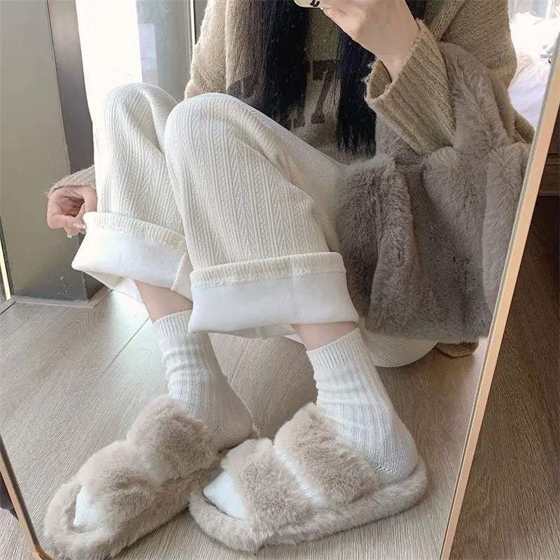 Women Autumn Winter Wide-Leg Pants High-Waist Casual Drape Loose Straight Pants Fleece Elastic Waist Fashion Mopping Pants