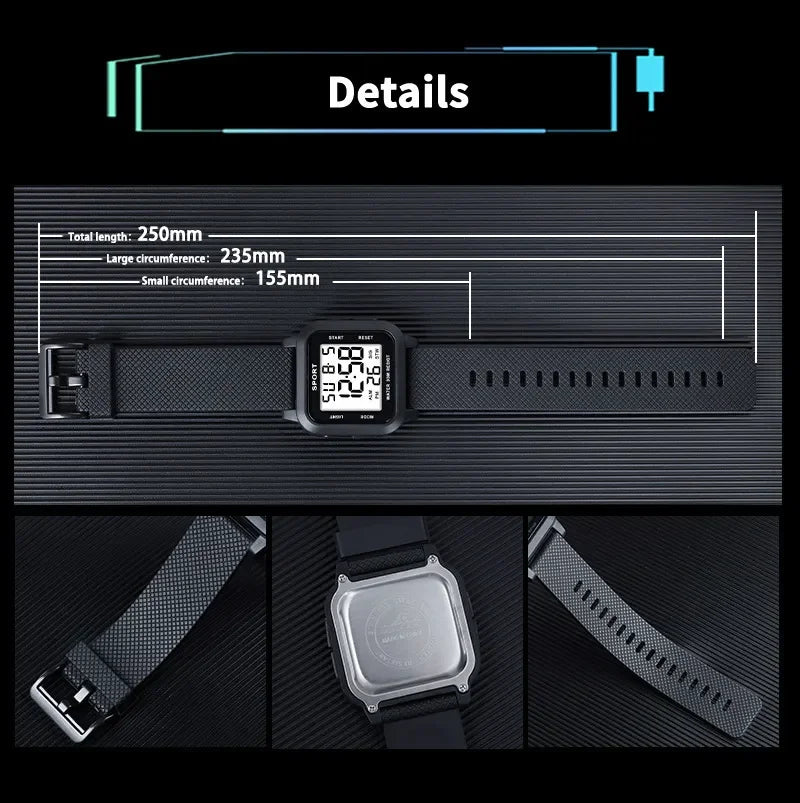 YIKAZE Black Sports Watch Men's Digital Watch Alarm Chrono Clock 3Bar Waterproof Military Men Watches LED Electronic Wristwatch