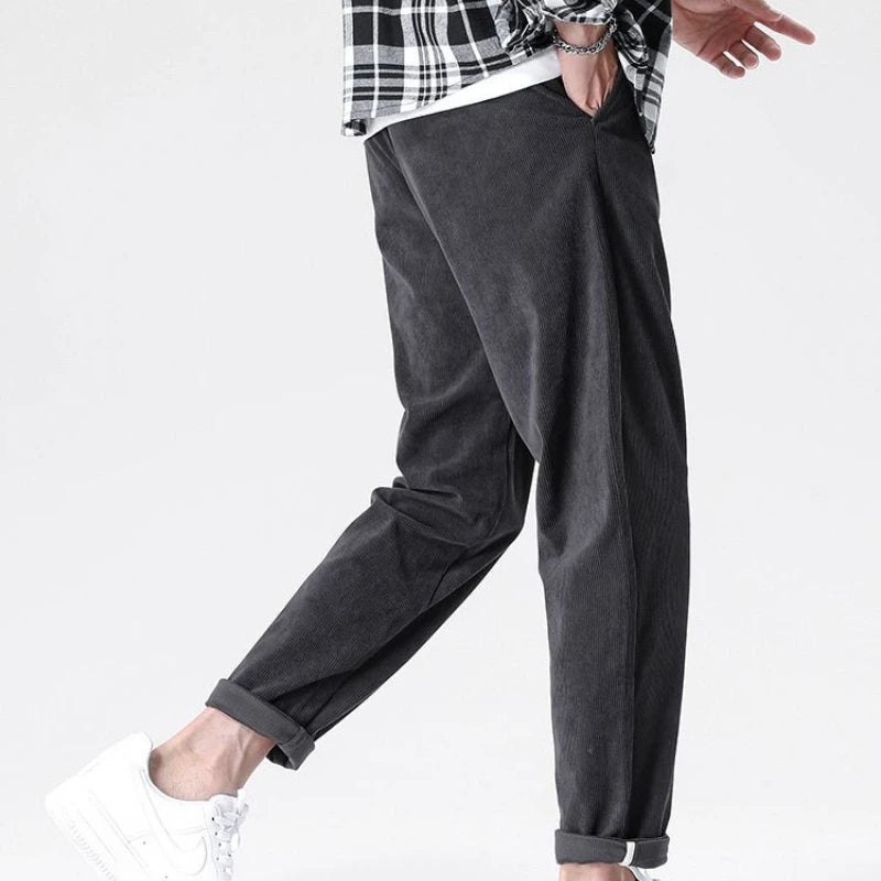 Men's Fleece Straight-leg Pants Casual Slim Fit Thick Solid Color Ankle Trousers Corduroy Drawstring Warm Jogger Sweatpants