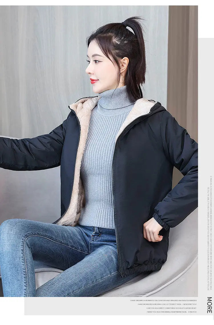 Women's Fleece Coat Winter Warm Thicken Solid Windbreaker Hooded Cotton Plush Hooded Jackets Casual Outdoor Windproof Jacket