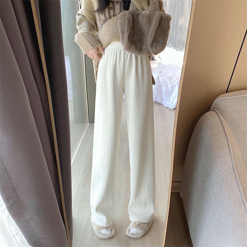 Women Autumn Winter Wide-Leg Pants High-Waist Casual Drape Loose Straight Pants Fleece Elastic Waist Fashion Mopping Pants