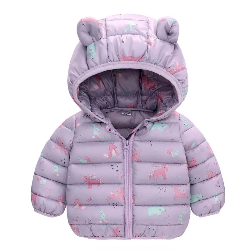 Baby Kids Jacket For Girls Hooded Coats Winter Children Cartoon Print Light Outerwear Infants Girls Boys Jacket Cotton Down Coat