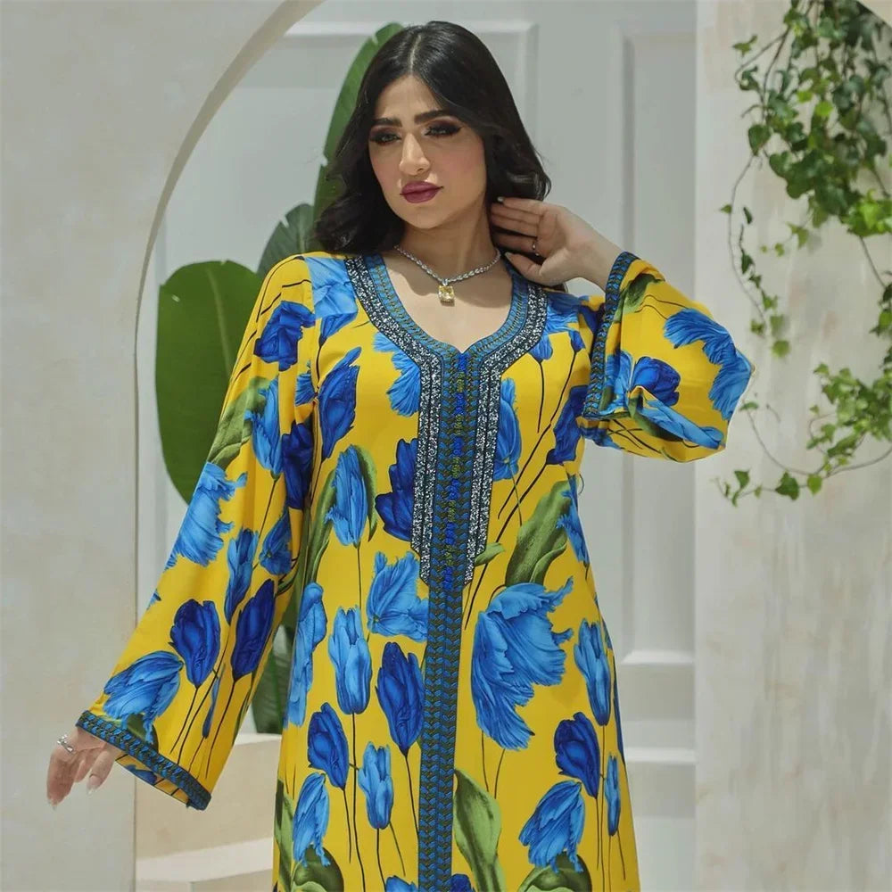 Abaya Elegant Ethnic Print Maxi Dress For Women Spring Autumn 2024 Muslim Jalabiya Dubai Turkey Moroccan Caftan Femme Clothes