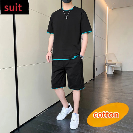 T-shirt Shorts Set Men's Summer Casual Color Matching Trendy Versatile Loose Comfortable Sports Fashion Short Sleeves Suits